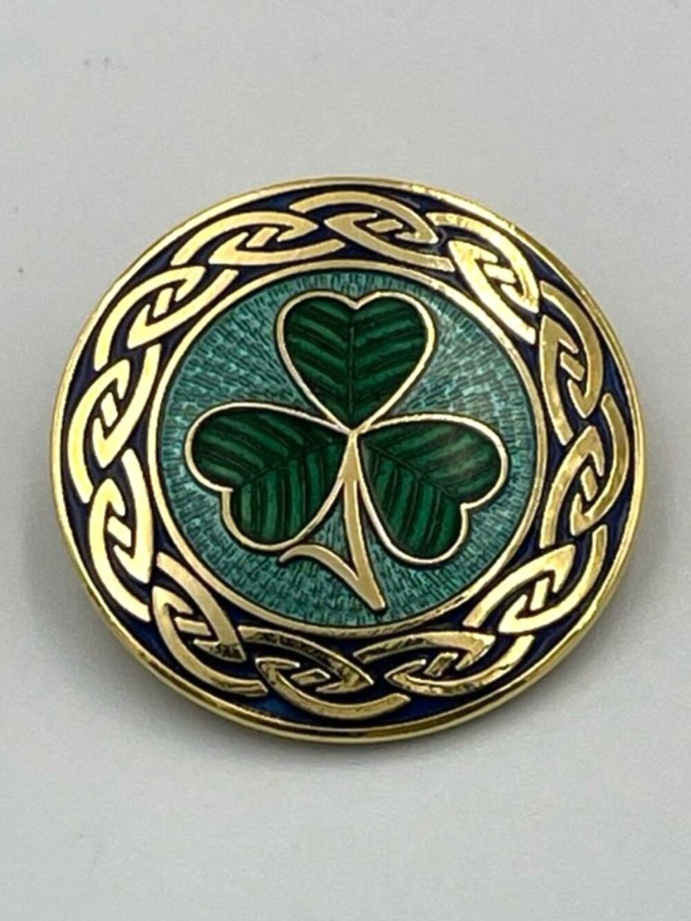 Celtic Sea Gems Brooch Clip Irish Shamrock & Knot Gold & Green Enamel Trinity